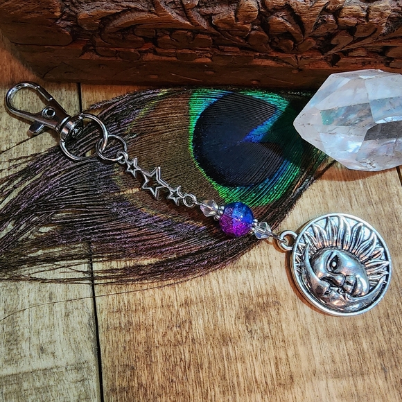 Sun Moon Pursecharm Celestial Bag Charm Pink & Blue Beaded Crystal Star Keychain - Picture 11 of 13